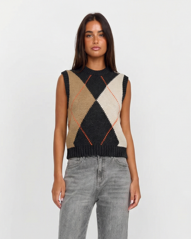 Camille | Argyle Knitted Vest Top Black Cream Beige Sleeveless