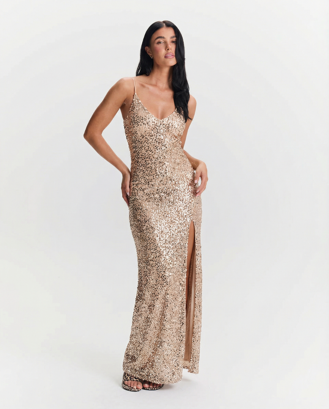 Iris | Sequin Maxi Dress Champagne Halter Slit