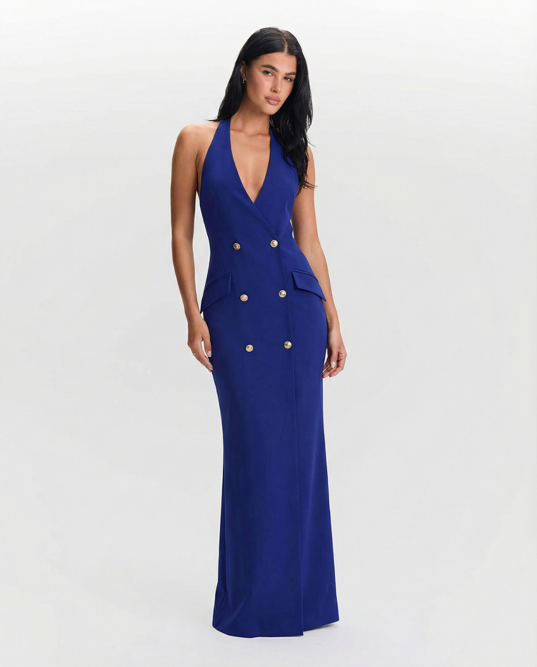 Hana | Elegant V Neck Maxi Dress Blue