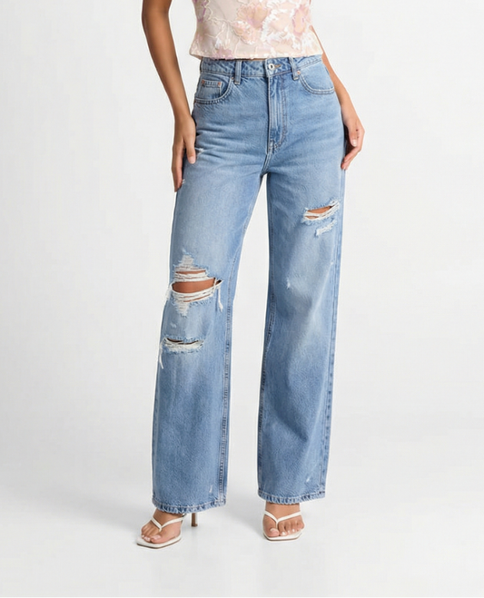 Vera | High Waisted Wide Leg Jeans Light Blue Ripped Distressed