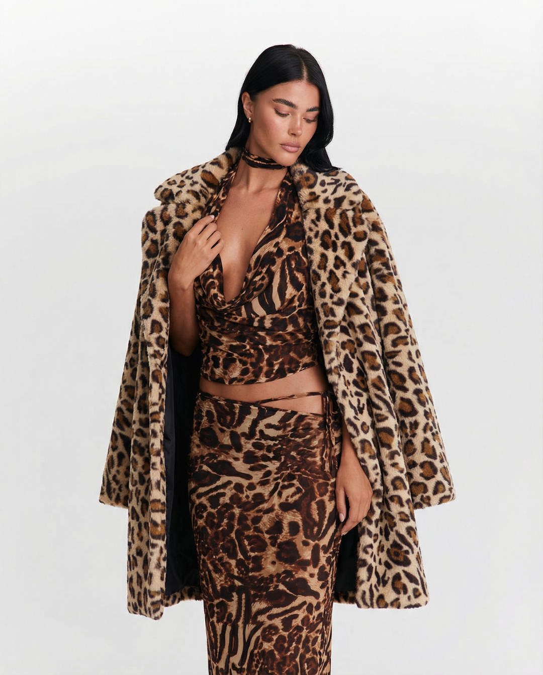 Orla | Elegant Leopard Print Faux Fur Coat Brown