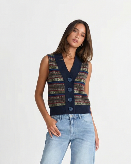 Margot | Vintage Fair Isle Sweater Vest Navy Multicolor Button Front