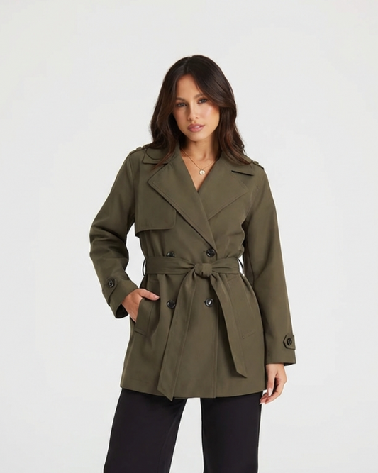 Vera | Belted Trench Coat Olive Long Sleeve Double Breasted