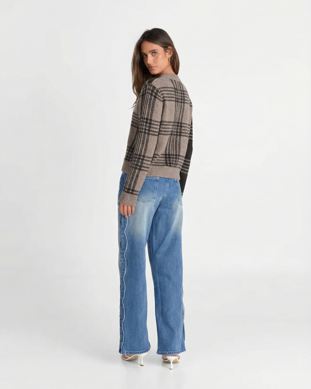 Remi | Check Cardigan Beige Grey Long Sleeve Button Front Knitted