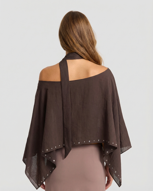 Wren | Studded Sheer Cape Top Brown Asymmetric Collar