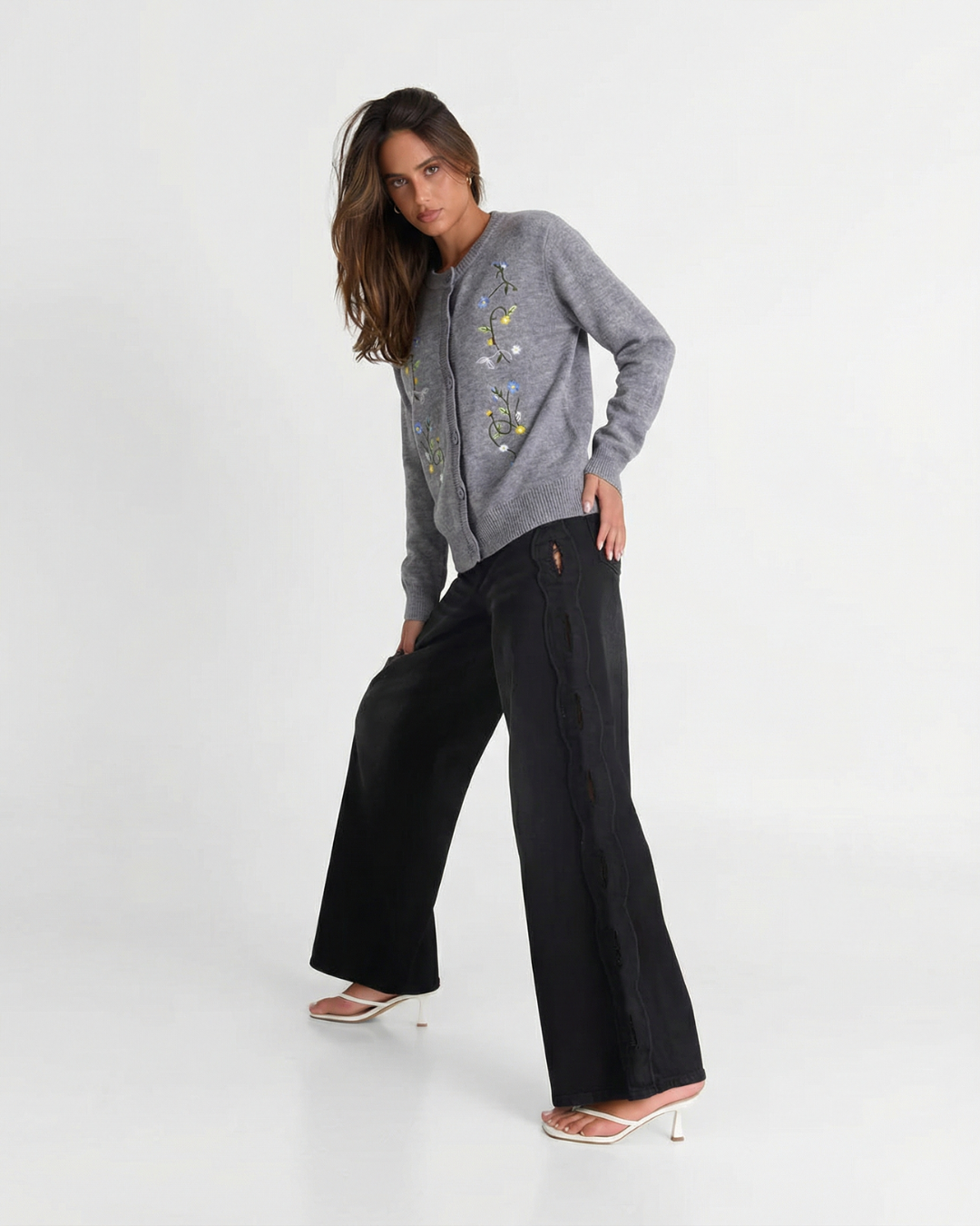 Fern | Grey Cardigan Knitted Embroidered Floral Long Sleeve Button Front