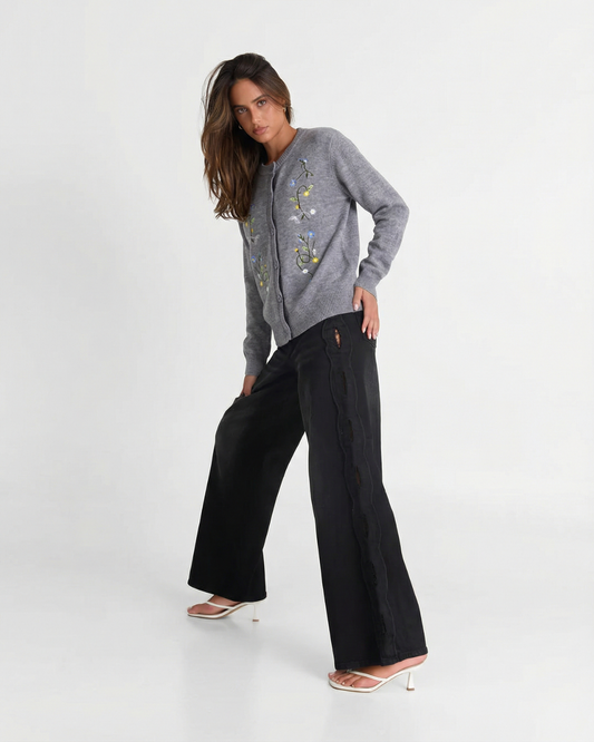 Fern | Grey Cardigan Knitted Embroidered Floral Long Sleeve Button Front