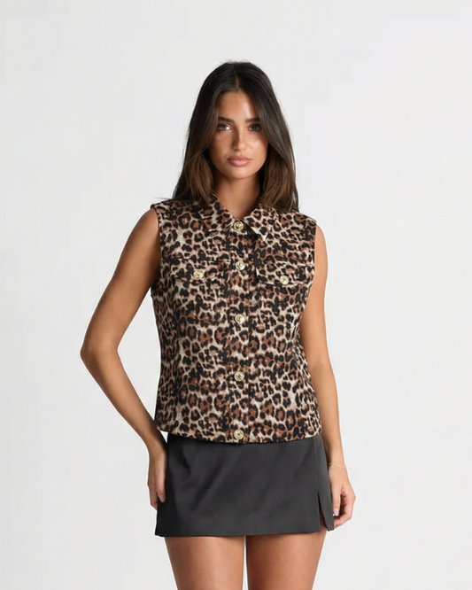 Paloma | Sleeveless Shirt Leopard Print Brown Button Front Fitted