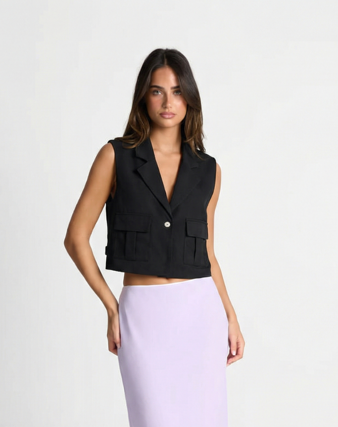 Tess | Cropped Sleeveless Blazer Black Tailored Utility Pockets