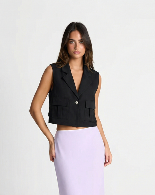 Tess | Cropped Sleeveless Blazer Black Tailored Utility Pockets