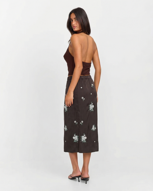 Flora | Elegant Satin Midi Skirt Brown Embellished Floral