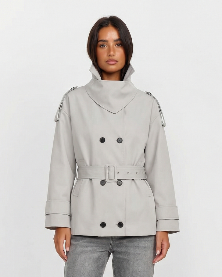 Wren | Casual Belted Double Breasted Jacket Cream Hooded