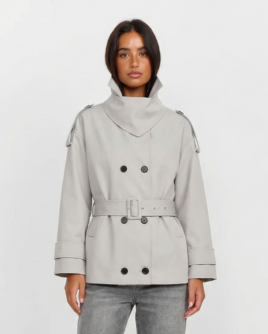 Wren | Casual Belted Double Breasted Jacket Cream Hooded