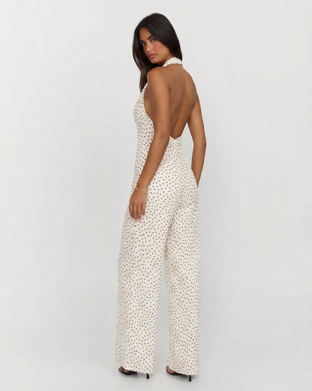 Maeve | Elegant Polka Dot Jumpsuit Cream Halter Neck Wide Leg