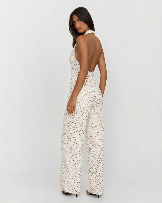 Maeve | Elegant Polka Dot Jumpsuit Cream Halter Neck Wide Leg