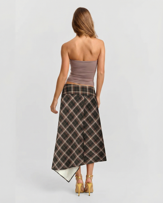 Briar | Autumn Asymmetric Midi Skirt Brown Check A Line