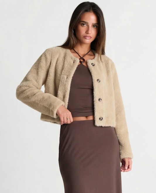 Vera | Cropped Fuzzy Cardigan Coat Cream Button Front