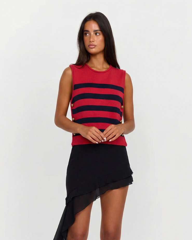 Stella | Ribbed Sleeveless Sweater Vest Red Striped Black