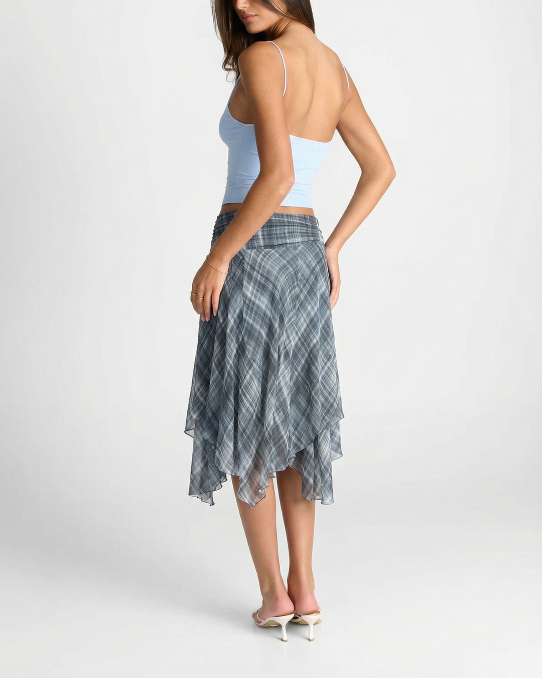 Briar | Summer Pleated Midi Skirt Light Blue Checked Tiered Asymmetric