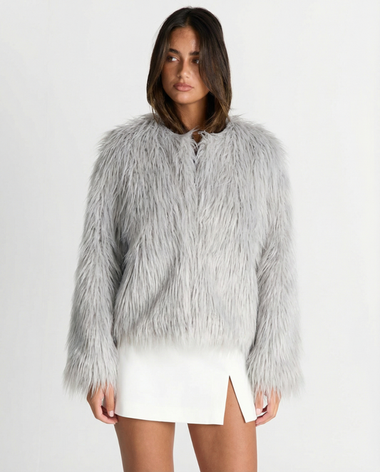 Vera | Fluffy Faux Fur Jacket Gray Cropped
