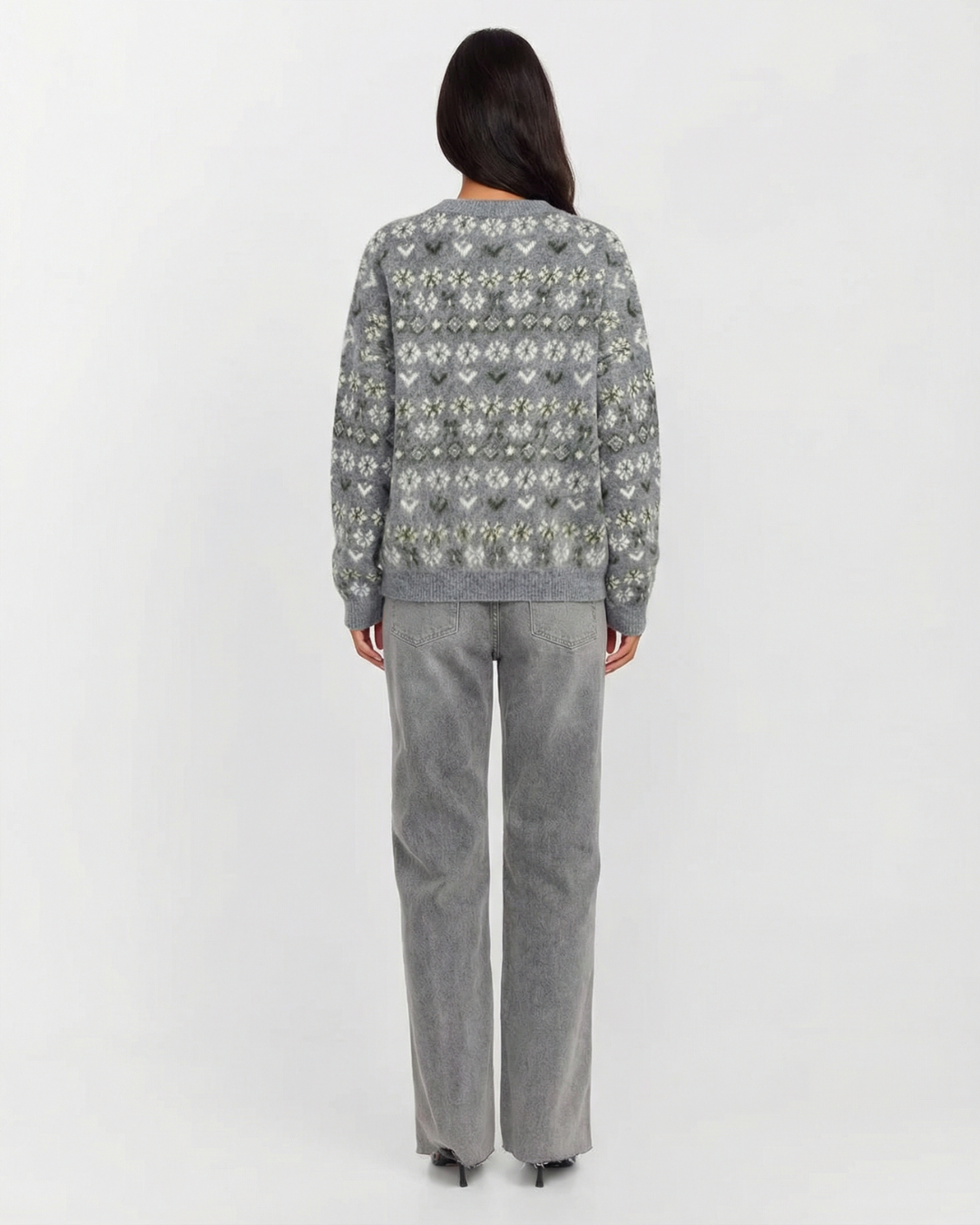 Thea | Fair Isle Knit Sweater Gray Crew Neck Oversized
