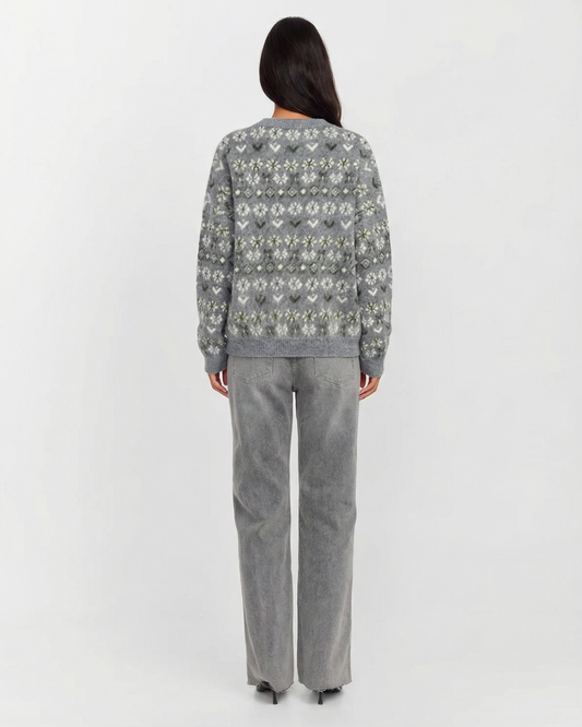 Thea | Fair Isle Knit Sweater Gray Crew Neck Oversized