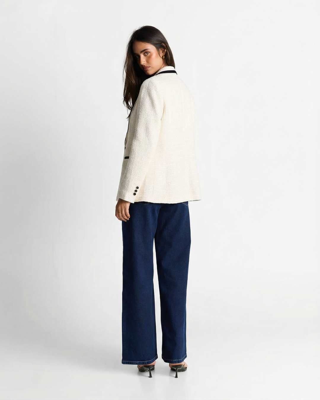 Margot | Double Breasted Tweed Blazer Cream Black Trim