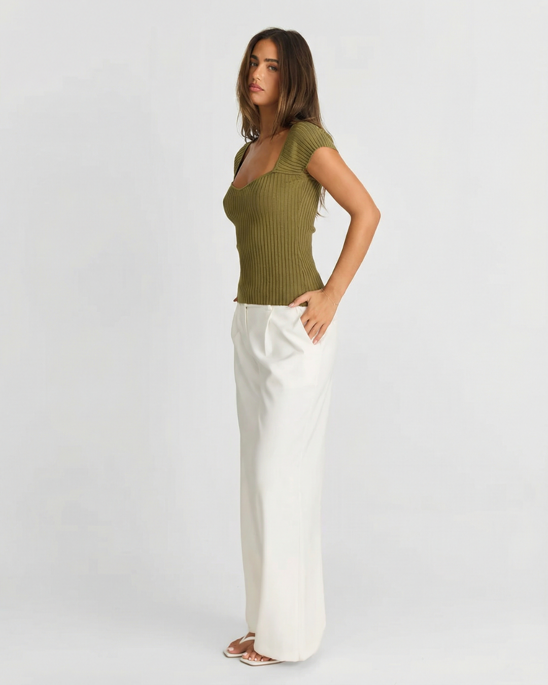 Vera | Ribbed Short Sleeve Crop Top Green Scoop Neck