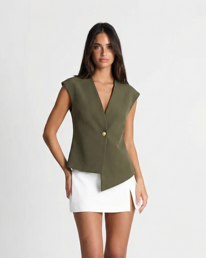 Thea | Asymmetric Button Up Vest Top Olive V Neck Sleeveless