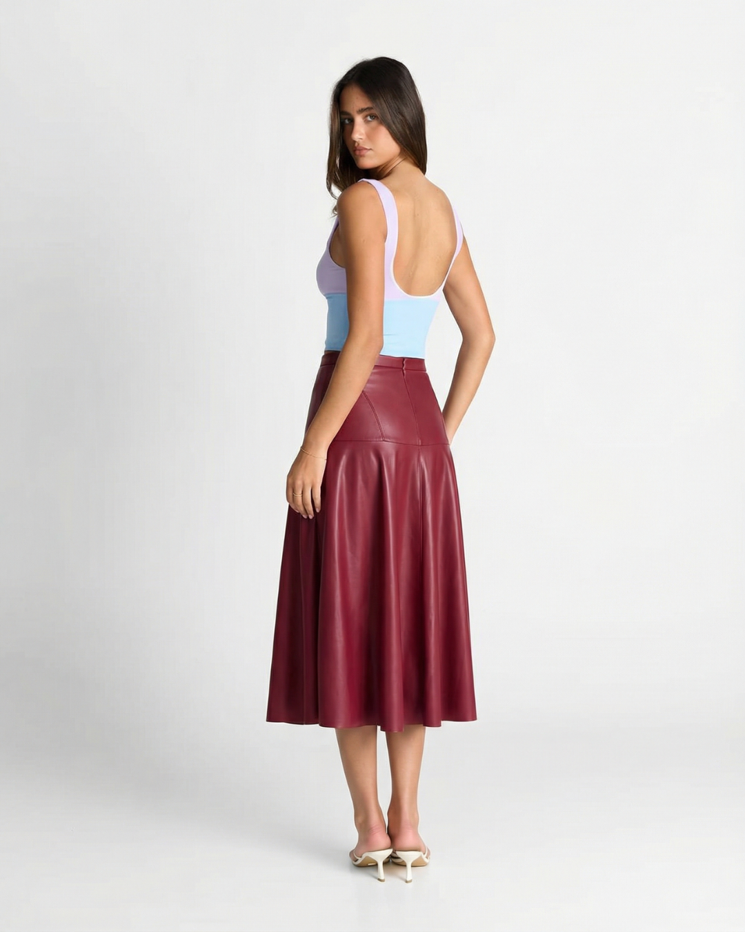 Suki | Leather Midi Skirt Red Flared A Line High Waisted