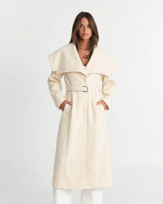 Ivy | Elegant Belted Coat Cream Longline Oversized Collar