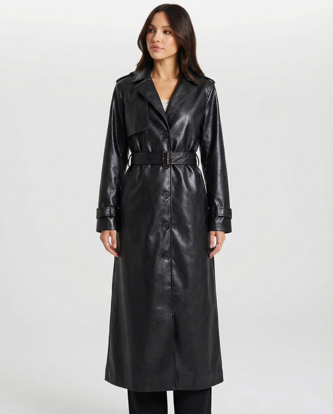 Vera | Belted Faux Leather Coat Black Long Sleeve