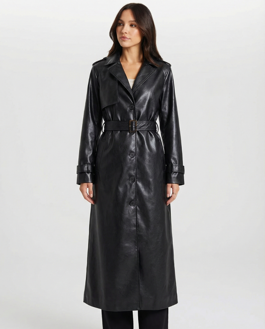 Vera | Belted Faux Leather Coat Black Long Sleeve