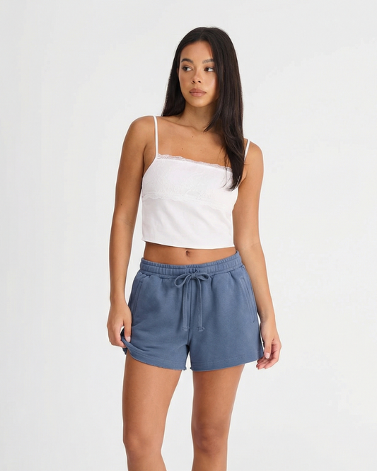 Maren | Relaxed Drawstring Shorts Blue Cotton Elastic Waist