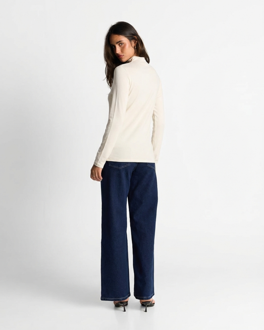 Tallulah | Long Sleeve Top Cream High Neck Fitted Ruched
