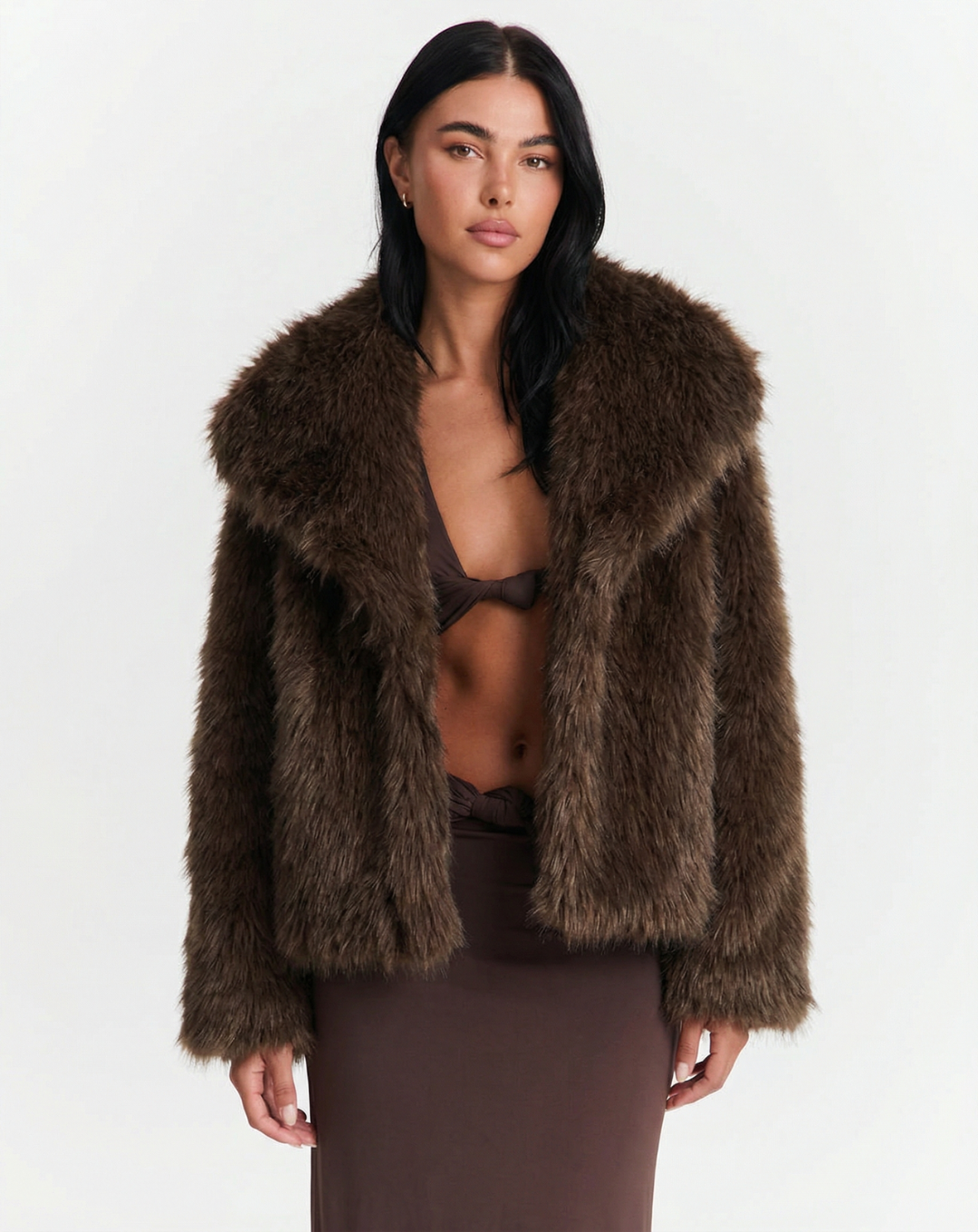 Faye | Brown Faux Fur Jacket Cropped Luxury