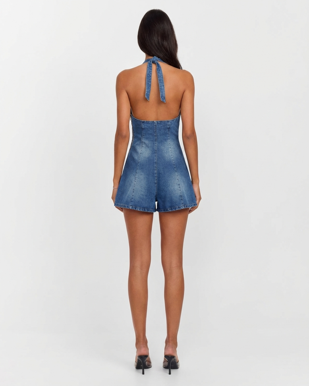 Celine | Denim Halter Neck Mini Jumpsuit Blue