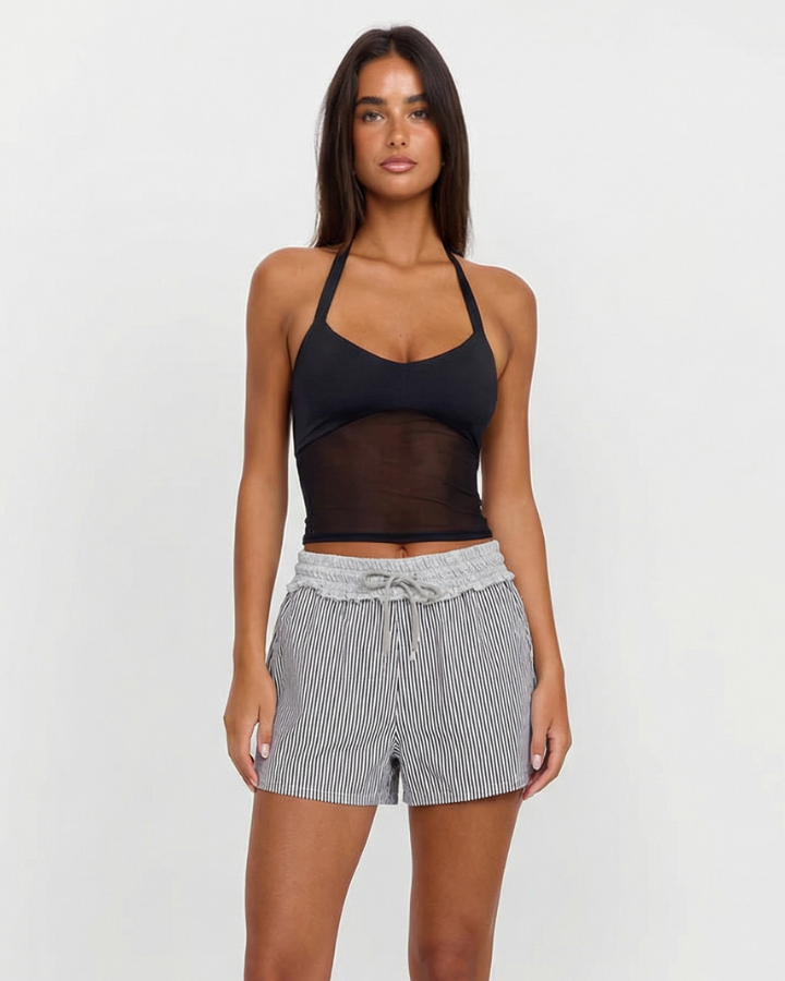 Edie | Casual Linen Shorts Striped Grey Drawstring High Waisted