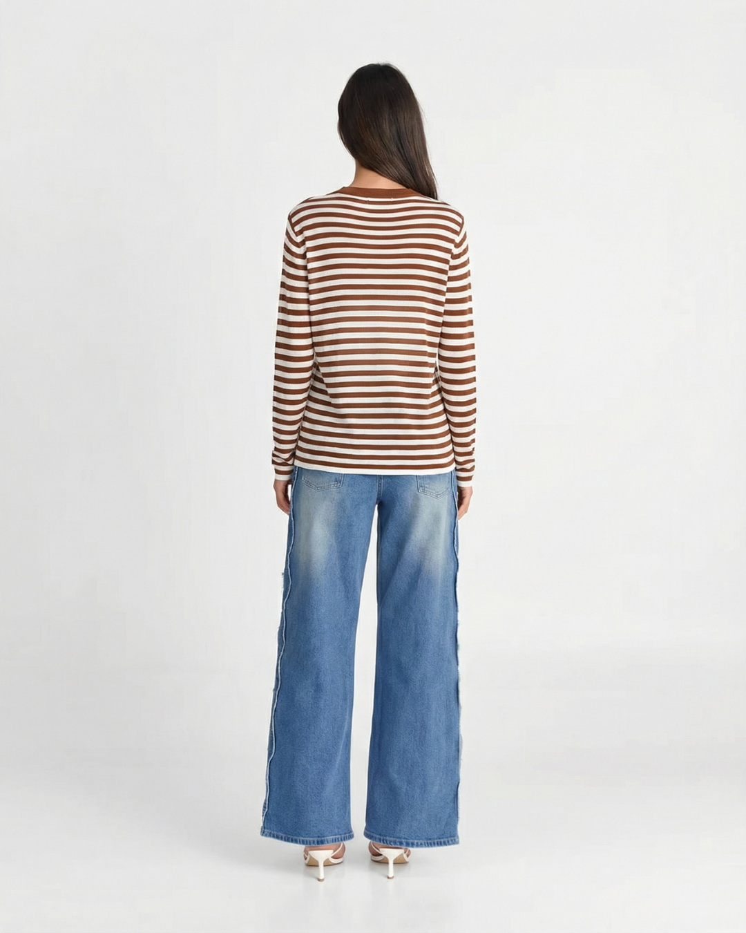 Vera | Striped Long Sleeve Top Brown White Crew Neck