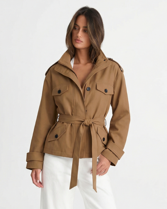Aria | Utility Jacket Camel Belted Pockets Long Sleeve