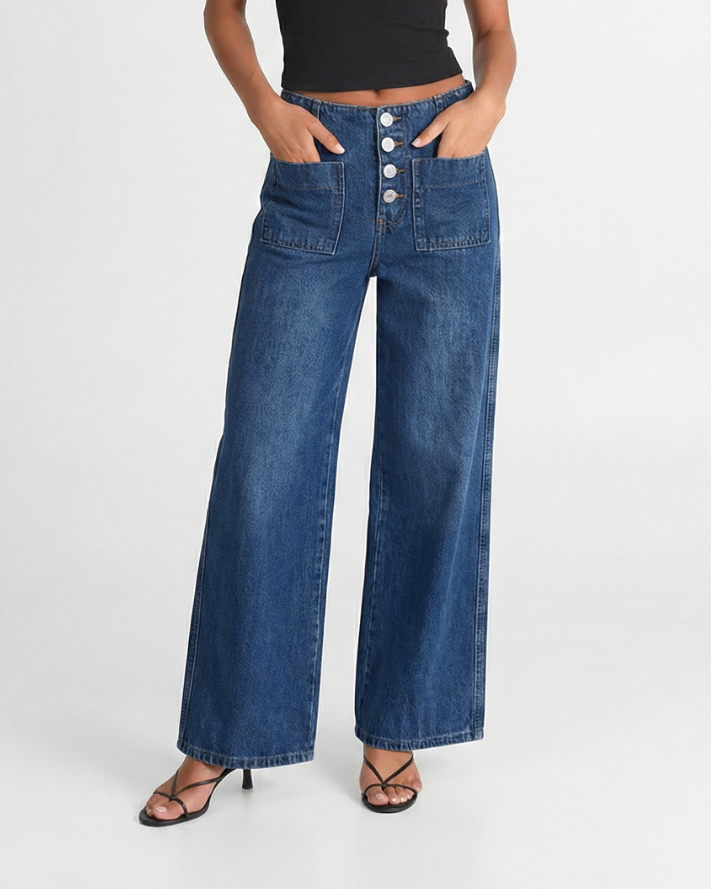 Iris | High Waisted Wide Leg Jeans Blue Button Front