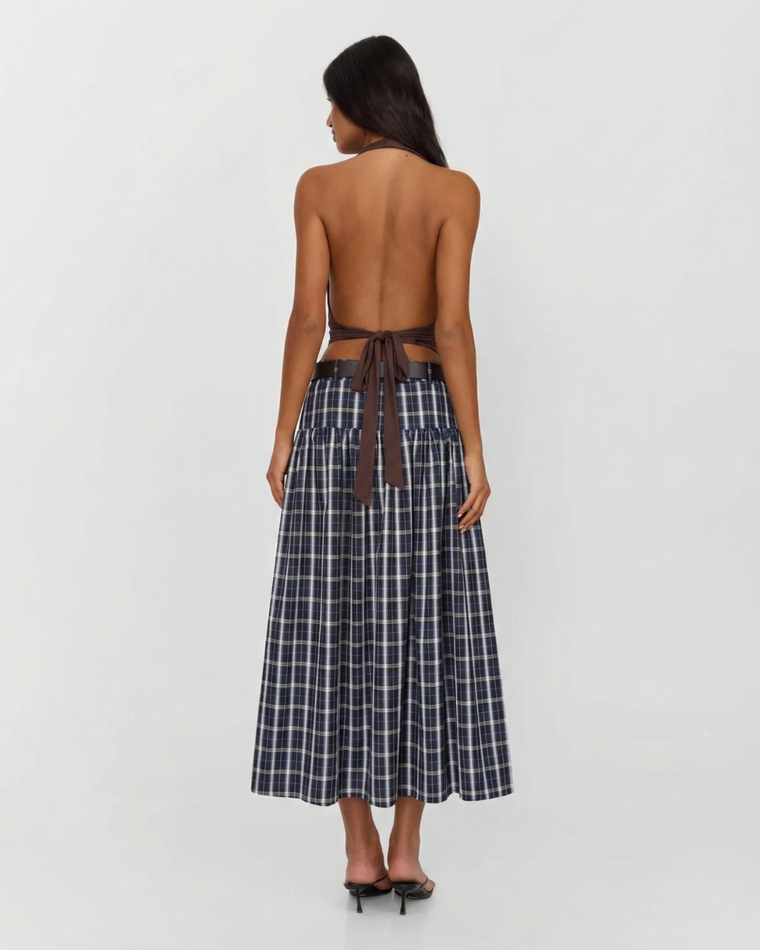 Willa | Midi Skirt Navy Check Pleated Belted Tiered A Line