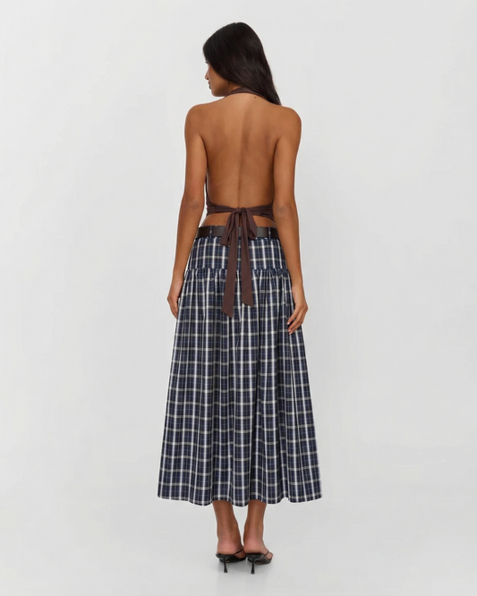 Willa | Midi Skirt Navy Check Pleated Belted Tiered A Line