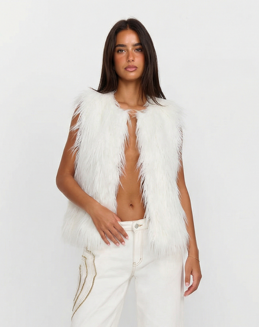 Vera | Faux Fur Vest White Sleeveless Open Front