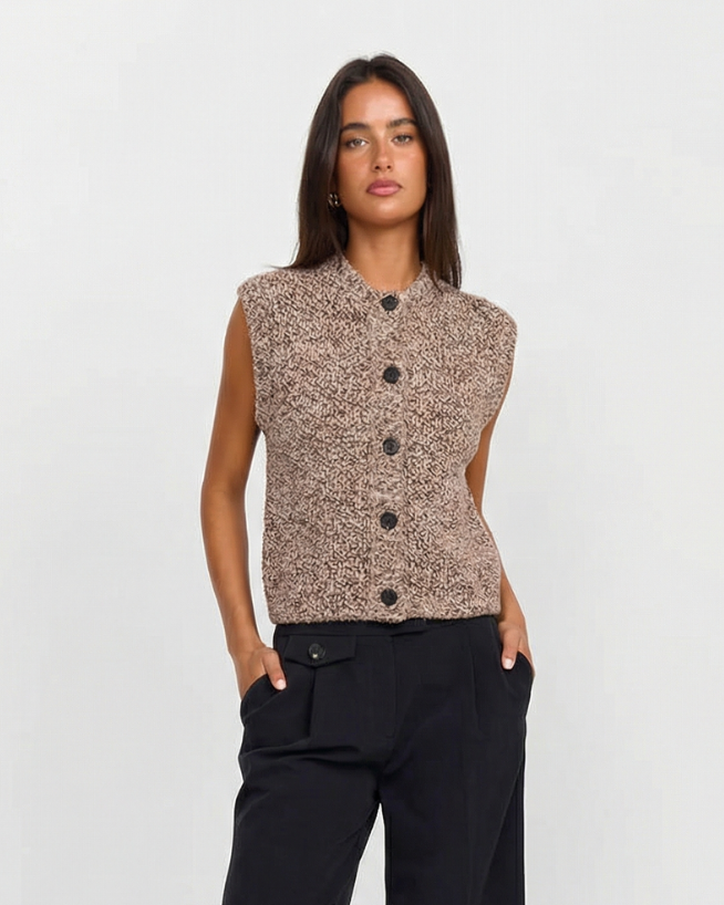 Margot | Textured Knit Sleeveless Cardigan Beige Button Front