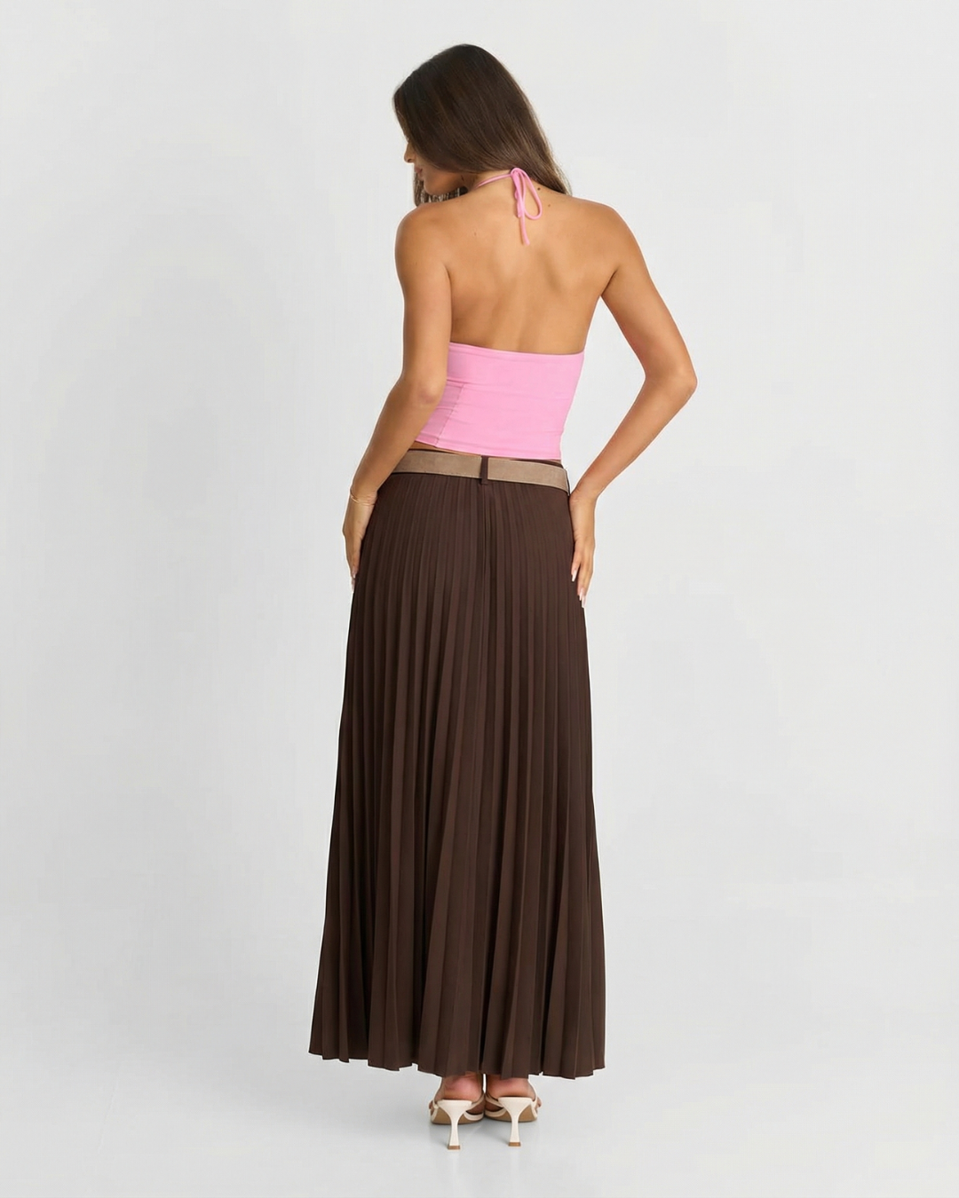 Tess | Pleated Midi Skirt Brown Belted A Line