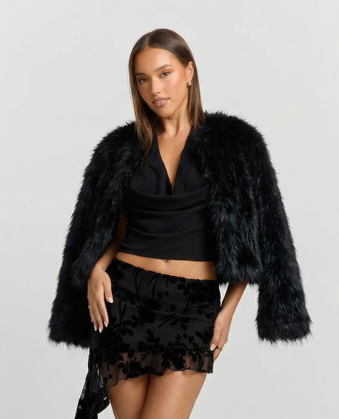Lena | Casual Cropped Faux Fur Jacket Black