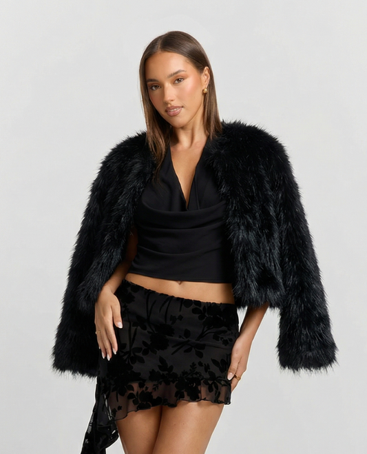 Lena | Casual Cropped Faux Fur Jacket Black