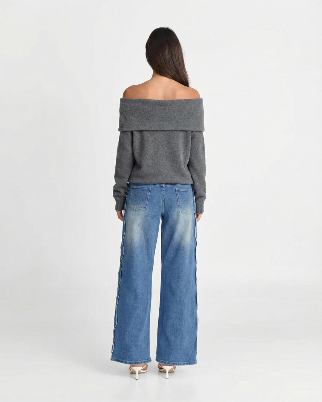 Nina | Off Shoulder Long Sleeve Top Grey Knitted