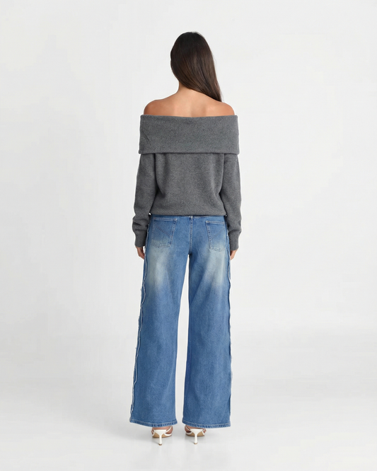 Vera | Off Shoulder Long Sleeve Top Gray Twist Detail